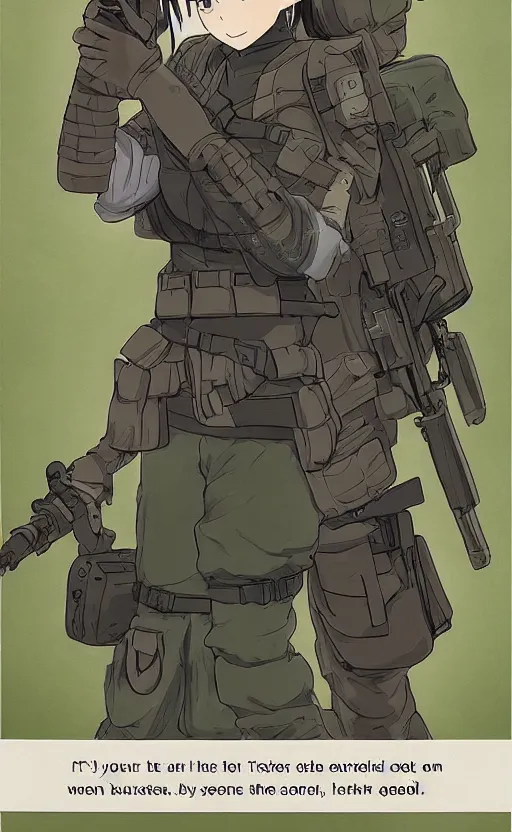 Prompt: girl, trading card front, soldier clothing, combat gear, ghibli face, illustration, by ufotable studio, green screen