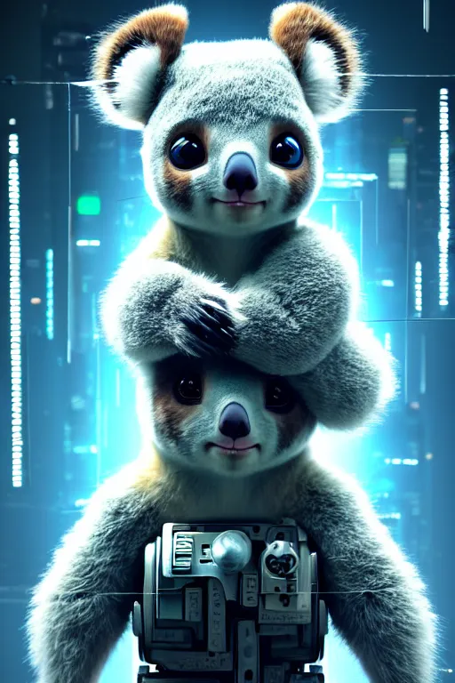 Image similar to high quality 3 d render very cute cyborg koala! cyberpunk highly detailed, unreal engine cinematic smooth, in the style of blade runner & detective pikachu, hannah yata charlie immer, moody light, low angle, uhd 8 k, sharp focus