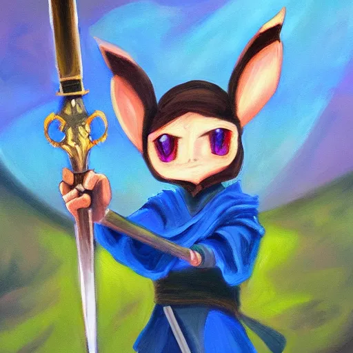 Prompt: rabbit swordsman, brush strokes, oil painting, yugioh art style