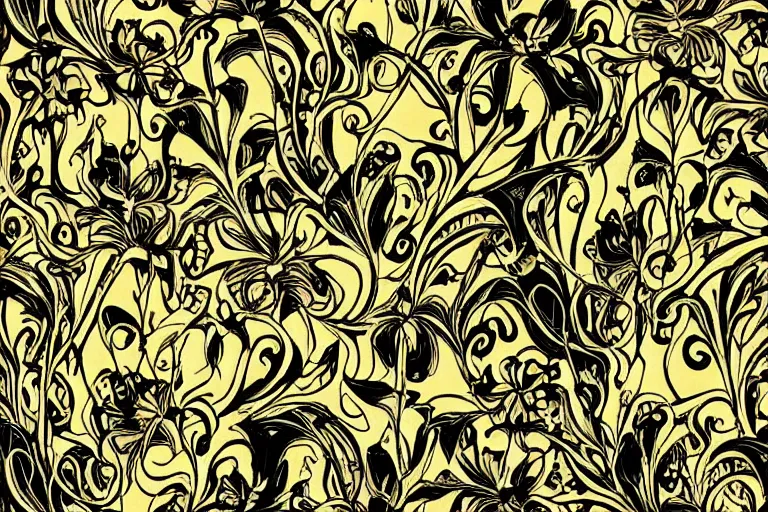 Image similar to elegant pattern of surreal, organisms, flowers isolated in a black background : : art nouveau, by rafał olbinski