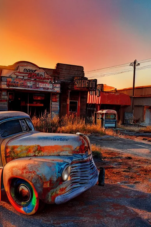 Image similar to a sunset light landscape with historical route 6 6, lots of sparkling details and sun ray ’ s, blinding backlight, smoke, volumetric lighting, colorful, octane, 3 5 mm, abandoned gas station, old rusty pickup - truck, beautiful epic colored reflections, very colorful heavenly, softlight