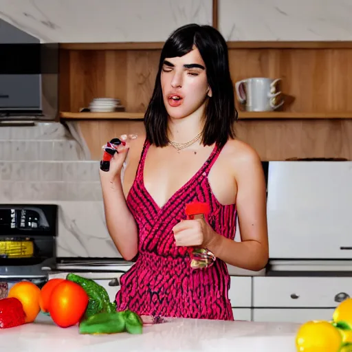 Image similar to Dua Lipa singing a song in the kitchen