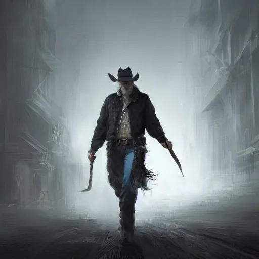 Prompt: portrait of a man with a long duster, grey hair and a cowboy hat walking in a western town, hard good looking face, middle aged, drawn by Ruan Jia, fantasy art, dramatic lighting, digital art, 8k, highly detailed