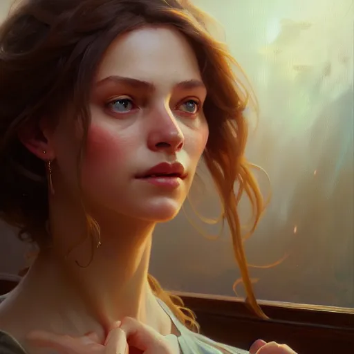 Image similar to a portrait painting of julia dietze in the oil painting unreal 5 daz. rpg portrait, extremely detailed artgerm greg rutkowski alphonse mucha vladimir volegov