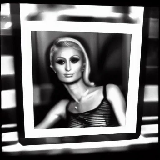 Prompt: photo of Paris Hilton by Diane Arbus, black and white, high contrast, Rolleiflex, 55mm f/4 lens