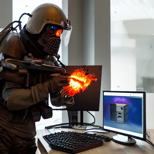 Image similar to angry man in juggernaut armor burning a desktop tower pc with a military flamethrower