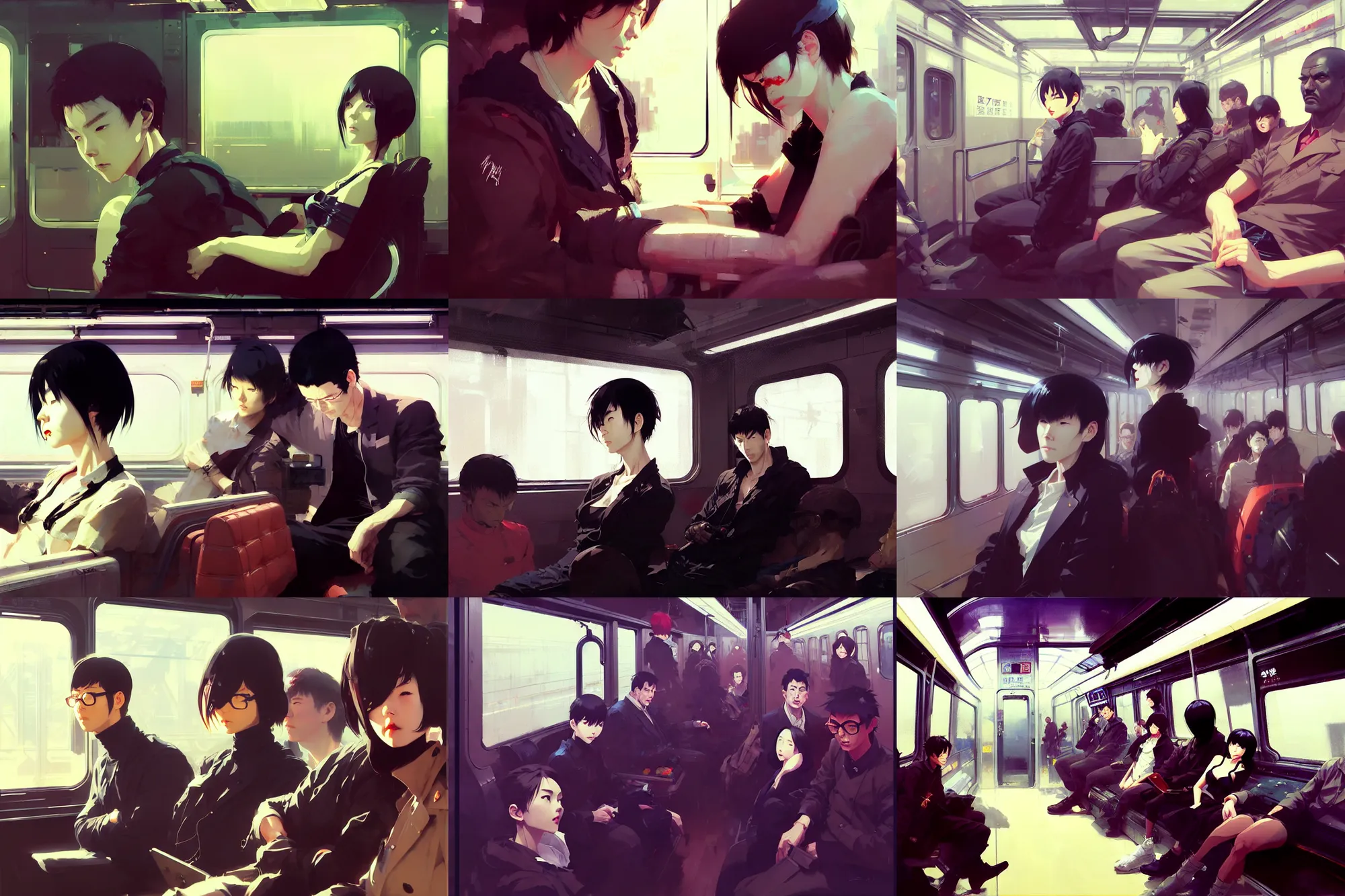 Prompt: hyper - realistic portrait of subway car interior, extreme detail, in style of pan ren wei, ilya kuvshinov, yoji shinkawa, atey ghailan, by greg rutkowski, by greg tocchini, by james gilleard, by joe fenton, by kaethe butcher, anime aesthetic