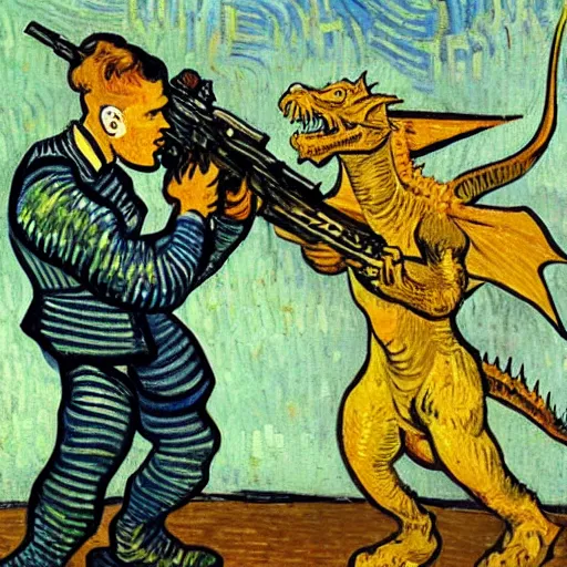 Image similar to a knight, shooting a dragon with an ak-47, by Van Gogh