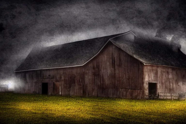 Prompt: a realistic photograph of a barn at night with ghosts, dark, moody, fog, volumetric lighting, cinematic