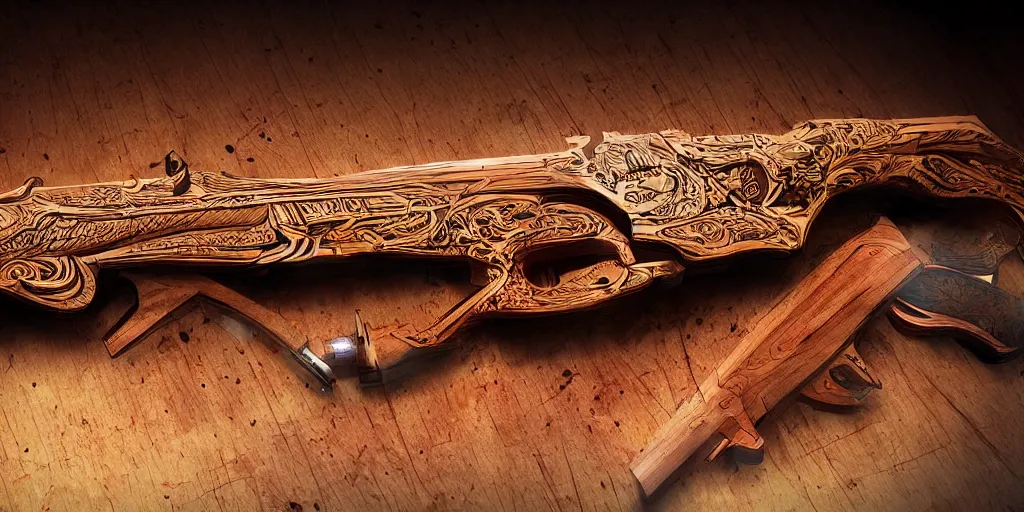 Image similar to a magic shotgun made out of wood, glowing in power, digital art, intricate details, professional