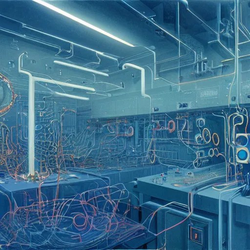 Image similar to an immaculate alfred render of the nexus between a vast modern computing center and an alchemist\'s lab with exposed circuit boards, nixie tubes, tesla coils and lichtenberg figures by Zdzisław Beksiński and beeple, beautiful modern colors, ultradetailed, 4k ultra