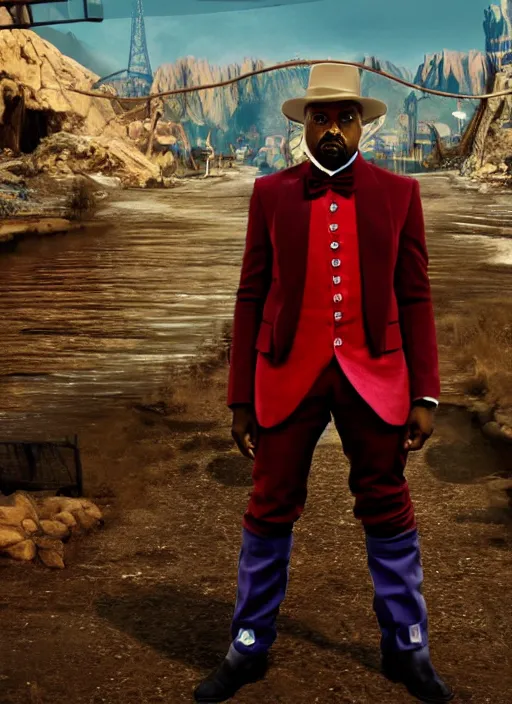 Image similar to Kanye West as willy wonka in fallout new vegas, splash art, movie still, cinematic lighting, dramatic, octane render, long lens, shallow depth of field, bokeh, anamorphic lens flare, 8k, hyper detailed, 35mm film grain