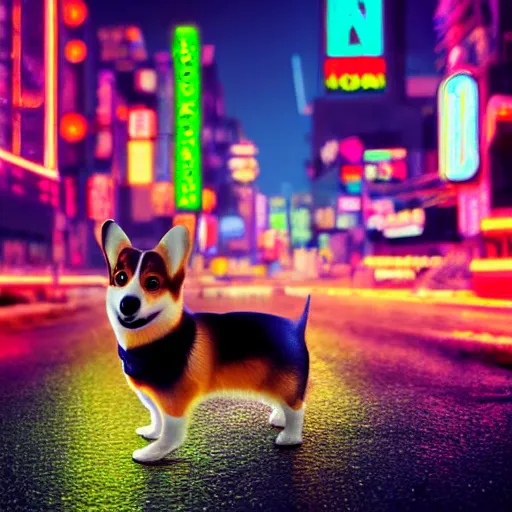 Prompt: small corgi dog in a cyberpunk city looking at a neon sign, at night, 4k detailed art