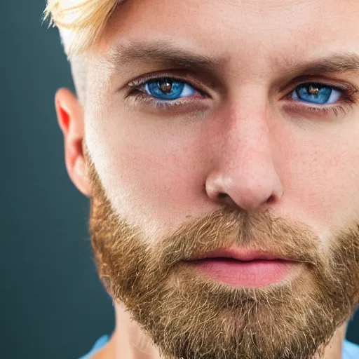 Image similar to close up of face of good looking 4 0 year old blond man with blond stubble, very short wavy blond hair in a short pompadour style, very pale skin, blue eyes, hairy shoulders, hairy chest, color portrait, 4 k