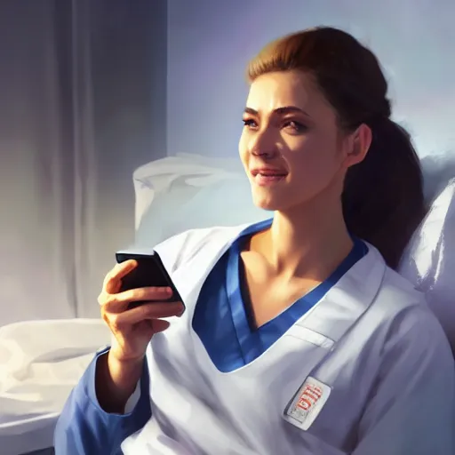 Prompt: a very beautiful female doctor in scrubs, looking at her phone, smiling, close up, laying on bed, hospital room, by greg rutkowski, trending on artstation