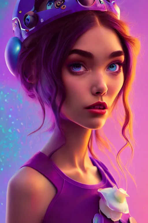 Image similar to pixar woman madison beer rave girl | soft creamy polished decadent vixen floral ornate masterpiece | weta disney movie still portrait photo | sci fi, fantasy, film, 8 k, highly detailed, artstation, realism | beeple, artgerm, mucha, wlop, loish |