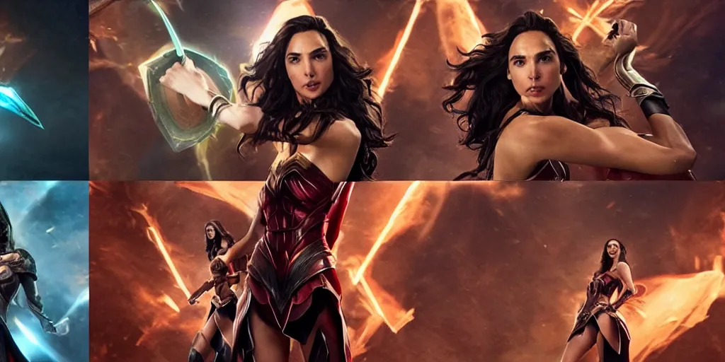 Image similar to action shoots of gal gadot portraying Kaisa in League of legends movie, multiple angles, cinematic, imax, 4K