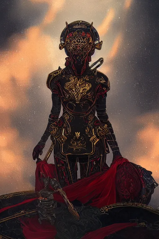 Prompt: portrait knights of Zodiac evilly girl, black and red reflected armor, in ruined Agora of Athens moon night and black magic, ssci-fi, fantasy, intricate, very very beautiful, elegant, golden light, highly detailed, digital painting, artstation, concept art, smooth, sharp focus, illustration, art by tian zi and WLOP and alphonse mucha