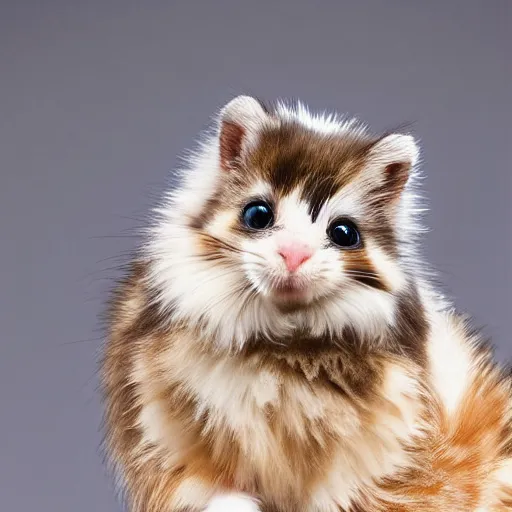 Image similar to fluffy miniature feline cat hamster portrait, aesthetic highly detailed soft fur and paws, professionally shot photorealistic 8k photograph, 35mm Canon EOS R3, rendered in octane, by Natalie Große and Jason Allison