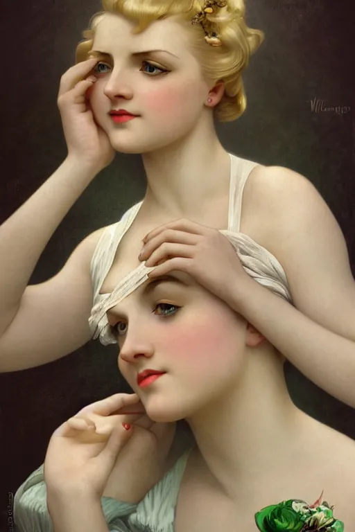 Prompt: high angle photo of a beautiful blonde woman from 2 0 s decade of 1 8 0 0 century with green eyes, gloomy atmosphere, film noir realistic, sharp focus, 8 k high definition, insanely detailed, artstation, concept art, smooth, sharp focus, illustration, art by artgerm and vargas and alphonse mucha and william - adolphe bouguereau