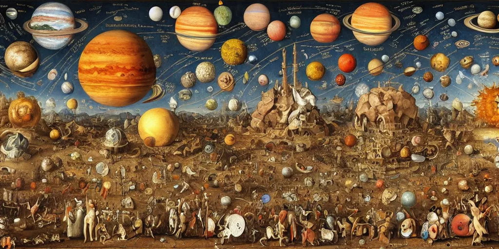 Image similar to the solar system in the style of heironymus bosch, intricate colorful masterpiece, hyper detailed, hd