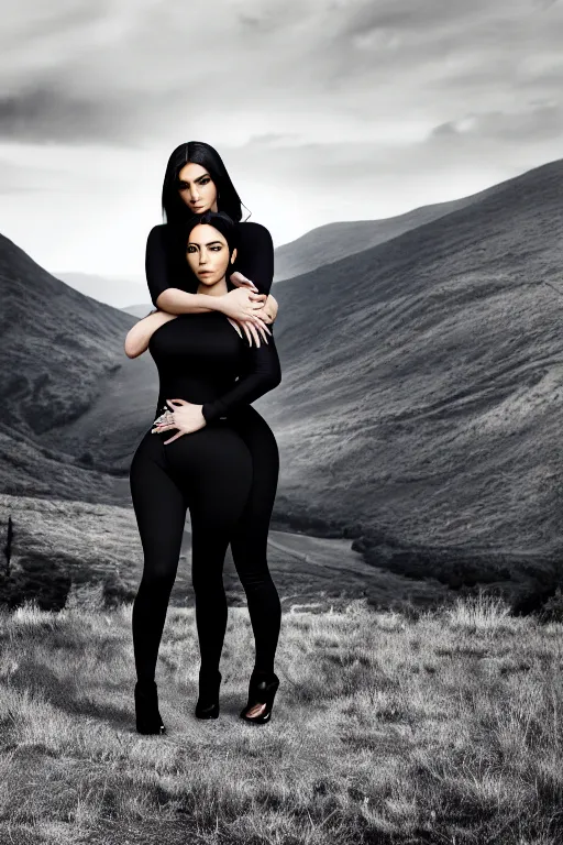 Image similar to johnny cash hugging kim kardashian, centered full body shot, full pov, kim wearing skintight grey sportswear, real photo, photoshooting, studio light, Irish mountains background, intricate, epic lighting, cinematic composition, hyper realistic, 8k resolution, unreal engine 5