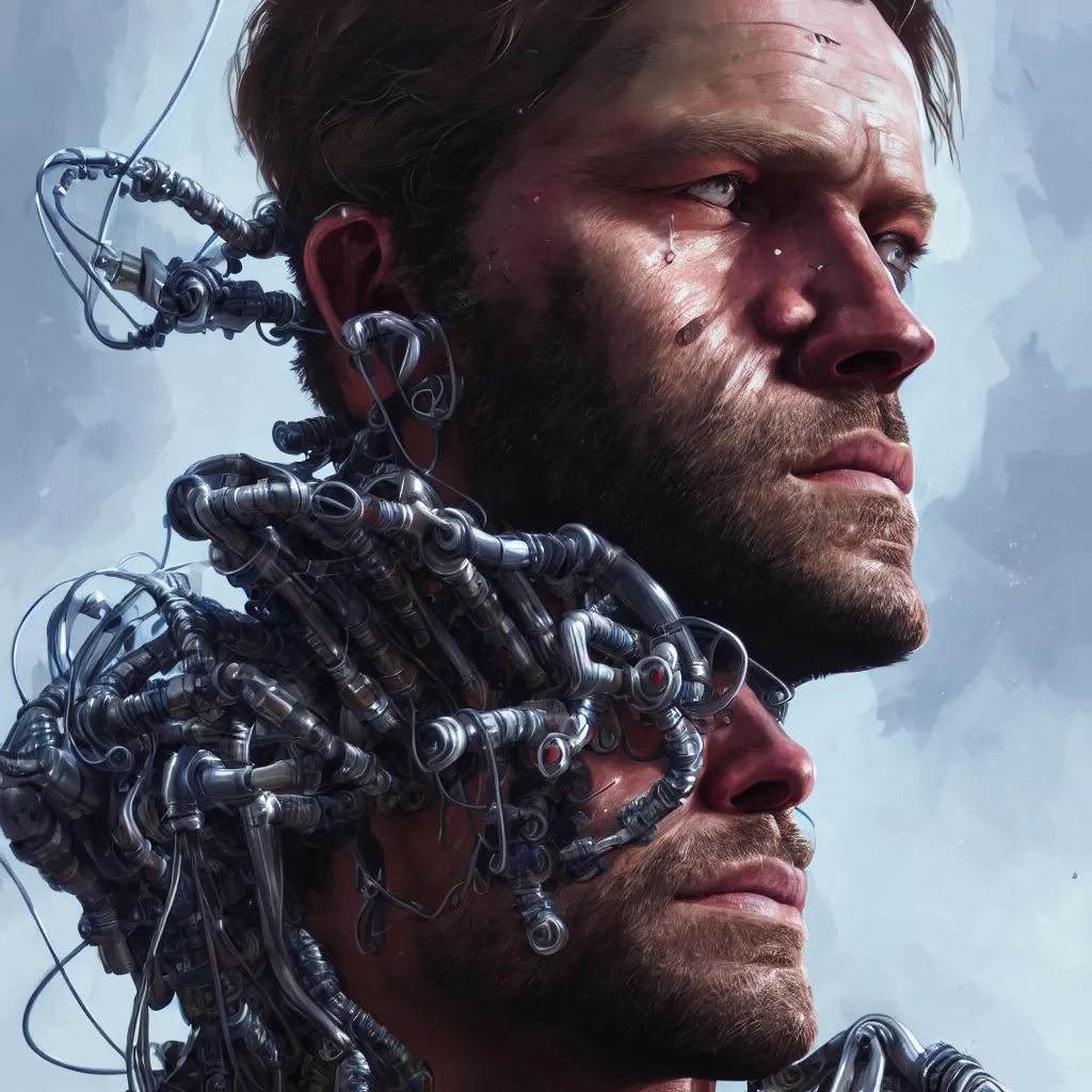 Image similar to a single close-up portrait of Arthur Morgan from Red Dead Redemption as a cyborg, barely human and largely biomechanical machine, hyper-realistic cyberpunk style, Peter Mohrbacher Takayuki Takeya moody, face by Yanjun Cheng, Irakli Nadar, dramatic cinematic lighting rendered by octane, 8k, detailed, intricate, clean and textures, trending on artstation, deviantart google images, pinterest