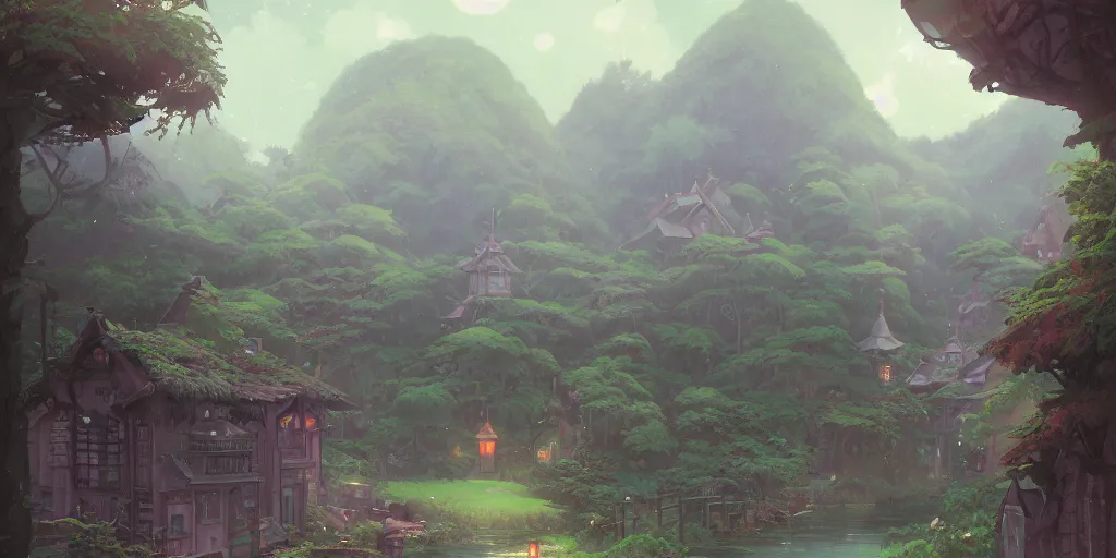 Prompt: background art, small rainy village, fantasy art by greg, loish, rhads, ferdinand knab, tom bagshaw, makoto shinkai and lois van baarle, rossdraws, ilya kuvshinov, night lighting, trending on studio ghibli, highly detailed, 8 k, octane render