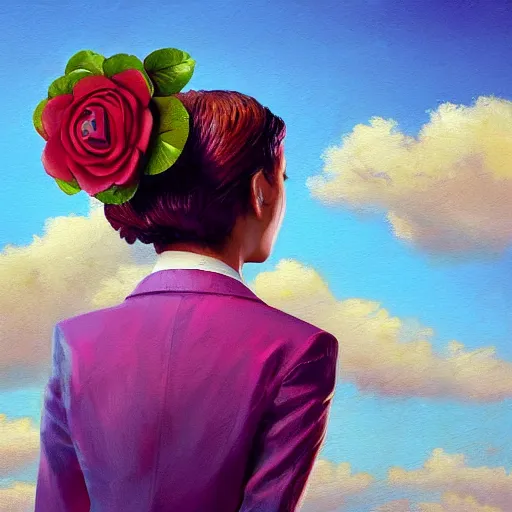 Prompt: closeup, giant rose flower under head, frontal, girl in a suit, surreal photography, sunrise, blue sky, dramatic light, impressionist painting, digital painting, artstation, simon stalenhag