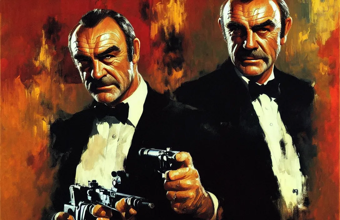 Image similar to portrait of sean connery as james bond!!!!!!!!!!!!!!!!!!!!!!!!!!!, detailed face, detailed painting, epic lighting, by ilya repin, phil hale and kent williams