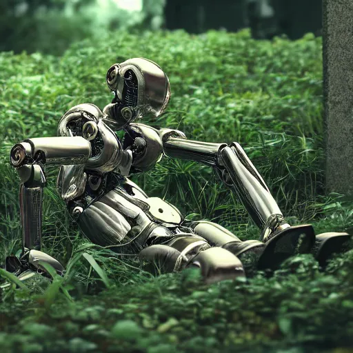 Prompt: side view of a beautiful abandoned human - shaped robot laying on the ground, overgrown foliage taking over it, close - up, 3 5 mm, biopunk, bokeh, beautiful, lens flare, emotional, sweet, flowers, detailed, picture, trending on artstation, award - winning, shiny, golden, angle view, octane render