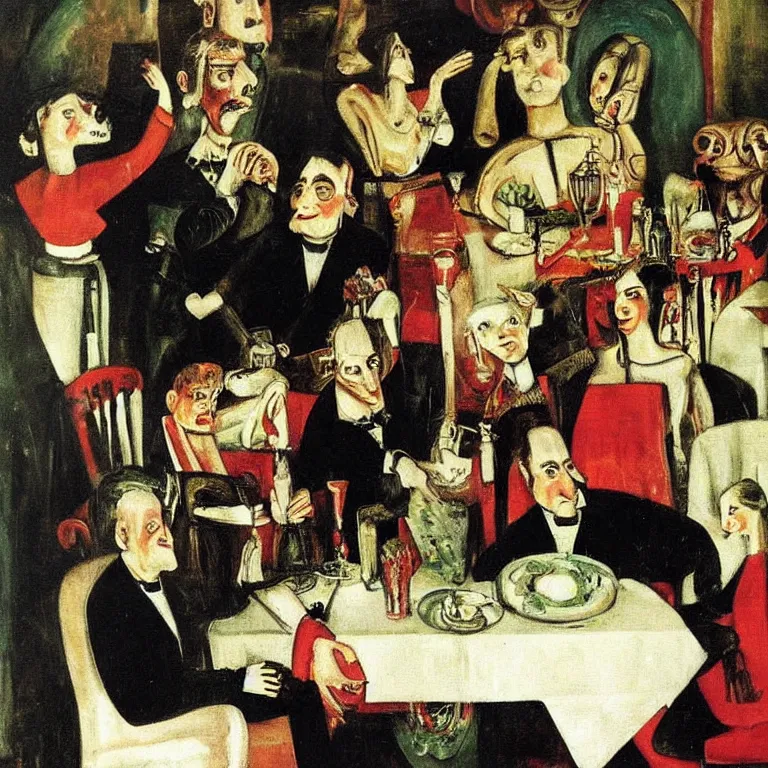 Image similar to Unhappy family gathered at the dinner. Painting by Otto Dix