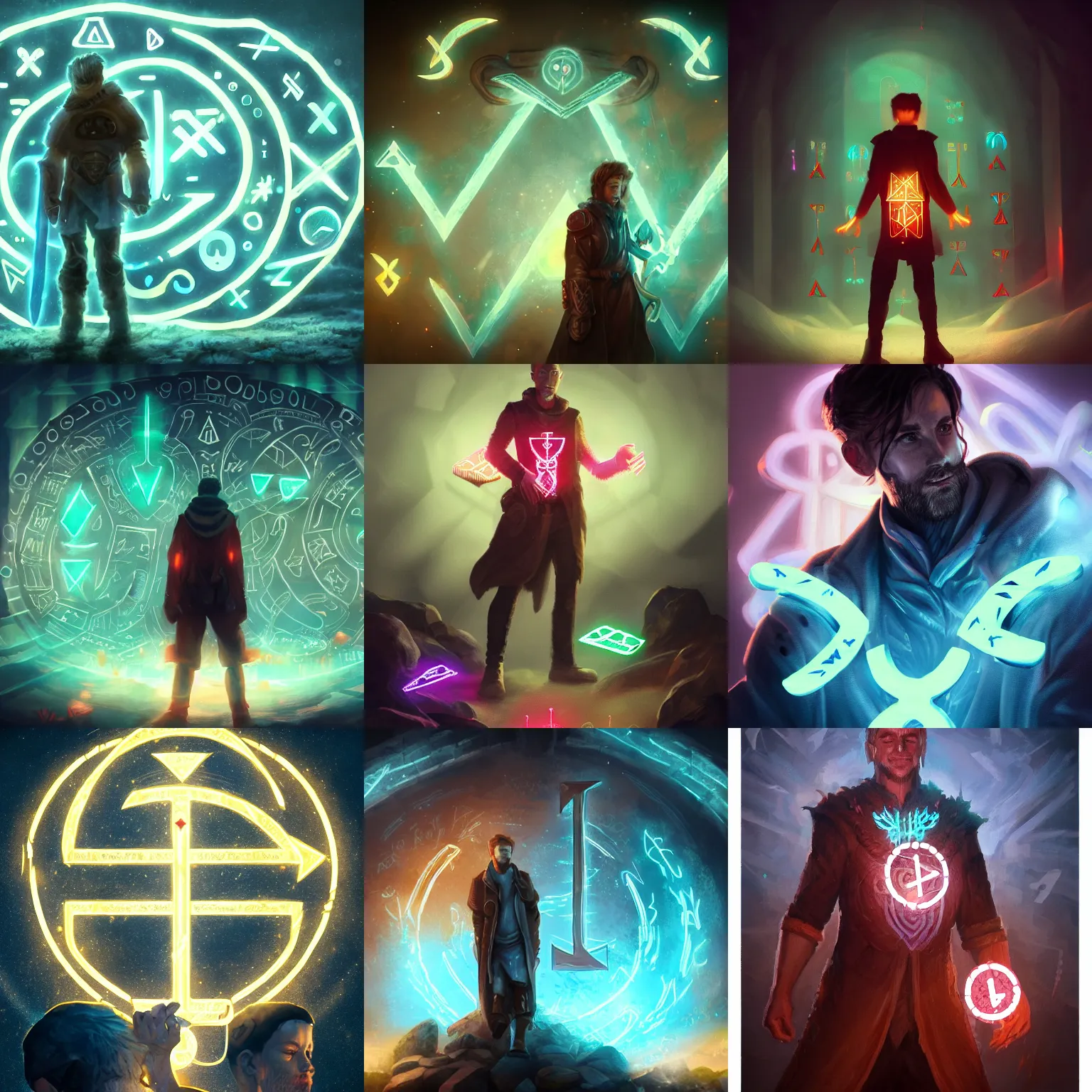Prompt: A man surrounded by glowing runes, trending on Artstation