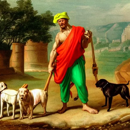 Prompt: Diogenes wearing a bright green! cap! hat, near his barrel home, with dogs