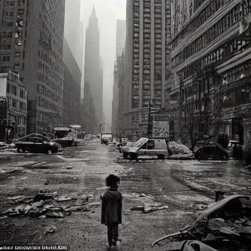 Image similar to an award winning photo of postapocalyptic new york, by helen levitt, ultra detailed, rainy, beautiful