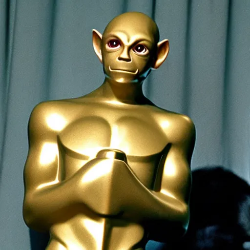 Prompt: Gollum adores his Oscar award, award winning press photo