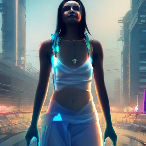 Prompt: A radiant goddess levitating in the middle of a cyberpunk city, a crowd worshipping her at her feet, cinematic, cinematic lighting, trending on Artstation, Cgsociety, detailed, 4k, very realistic