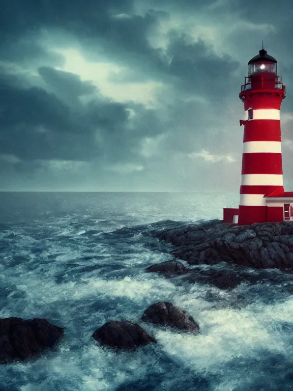 Prompt: photo of 8k ultra realistic lighthouse on island, heavy rain, night, light shining, heavy seas, full of colour, cinematic lighting, battered, trending on artstation, 4k, hyperrealistic, focused, extreme details,unreal engine 5, cinematic, masterpiece, art by studio ghibli