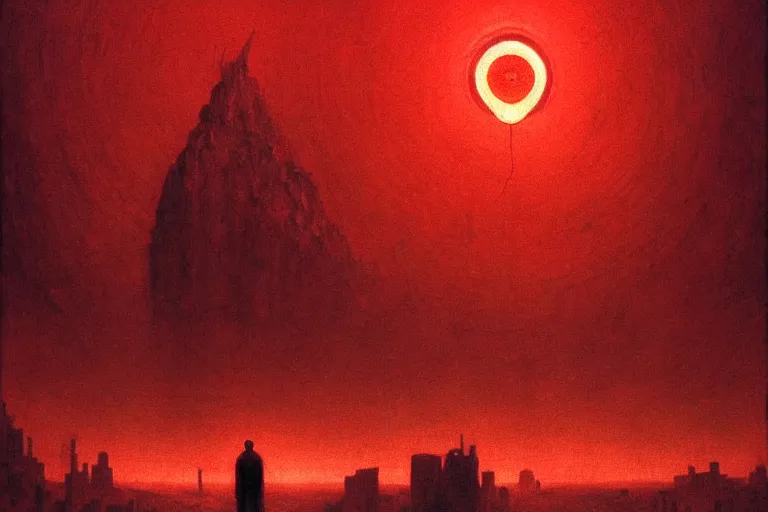 Image similar to only with red, red god of death eat apple, a futuristic city on mars in the background, red worms on the floor, in the style of beksinski, part by hopper, part by rodcenko, part by hofbauer, intricate composition, red by caravaggio, insanely quality, highly detailed, masterpiece, red light, artstation, 8 k