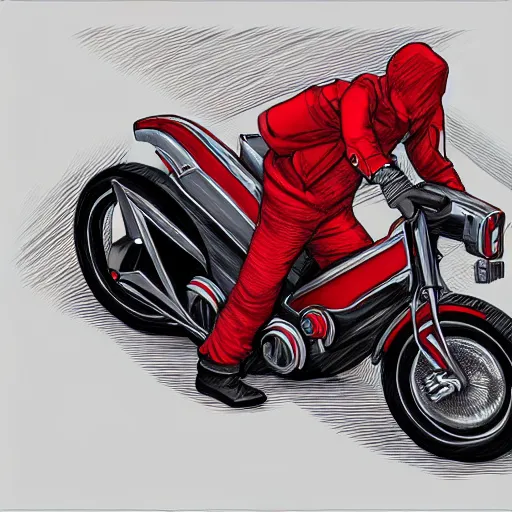 Image similar to man with a red jacket walking toward a red futuristic racing motorbike, isometric view from behind, gray background, ink drawing, panoramic view, wide angle, ultra realistic, intricate details, cyberpunk, ultra detailed, sharp focus, trending on artstation