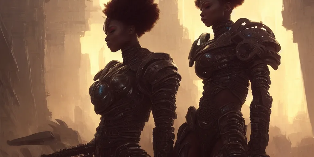 Image similar to 5 5 mm portrait photo of an armored gorgeous aesthetic black woman warrior, wearing glowing armor in afrofuturistic city. art by greg rutkowski. highly detailed 8 k. intricate. lifelike. soft light. nikon d 8 5 0.