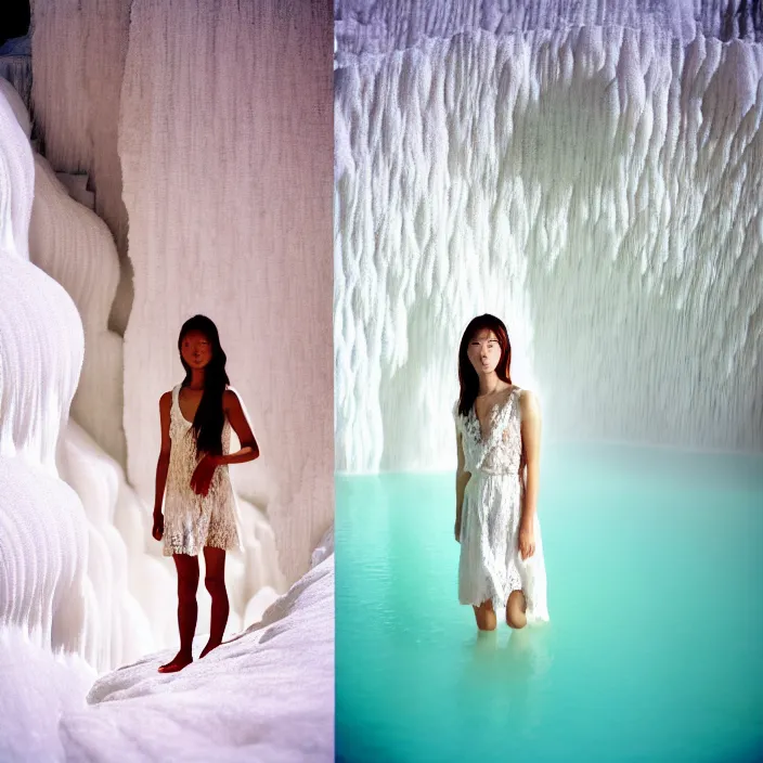 Image similar to Kodak Portra 400, 8K, soft light, volumetric lighting, highly detailed, britt marling style 3/4 ,portrait photo of Kasumi Arimura, the face emerges from Pamukkale, thermal waters flowing down white travertine terraces, inspired by Ophelia paint , a beautiful lace dress and hair are intricate with highly detailed realistic beautiful flowers , Realistic, Refined, Highly Detailed, natural outdoor soft pastel lighting colors scheme, outdoor fine art photography, Hyper realistic, photo realistic