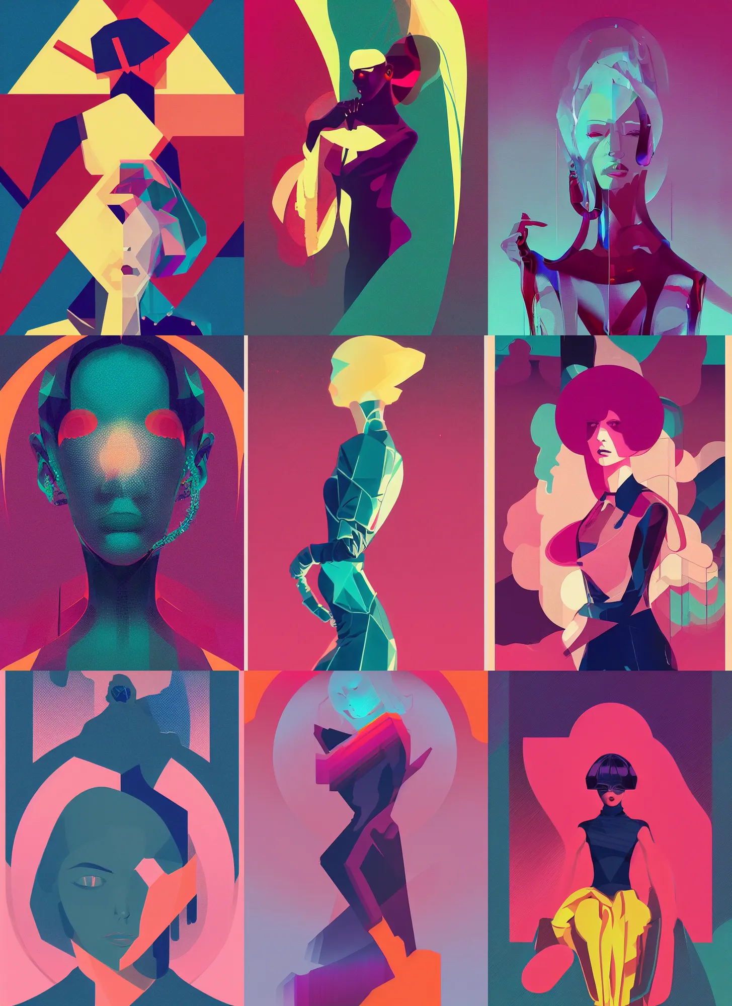 Prompt: ( ( strong dither ) ), editorial illustration portrait a woman like reol, modern art deco, dynamic pose, colorful, ( ( mads berg ) ), christopher balaskas, victo ngai, detailed, dynamic composition, wide angle, moebius, matte print, volumetric, halftone texture, risograph
