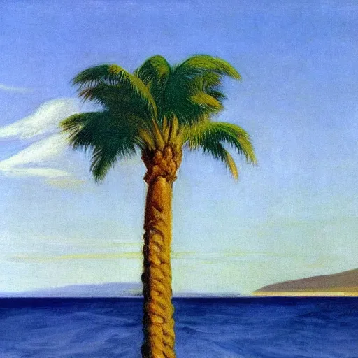 Prompt: palm tree in the middle of the ocean by Edward hopper