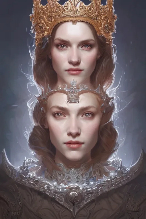 Prompt: highly detailed portrait of an elegant norwegiangoddess, ornate crown, beautiful symmetrical face, glowing skin, digital painting, artstation, concept art, smooth, clear focus, illustration, greg rutkowski, artgerm, global lighting, detailed and fantasy