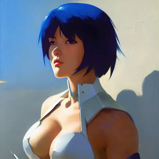 Prompt: greg manchess portrait painting of motoko kusanagi as overwatch character, totally whack, medium shot, asymmetrical, profile picture, organic painting, sunny day, matte painting, bold shapes, hard edges, street art, trending on artstation, by huang guangjian and gil elvgren and sachin teng