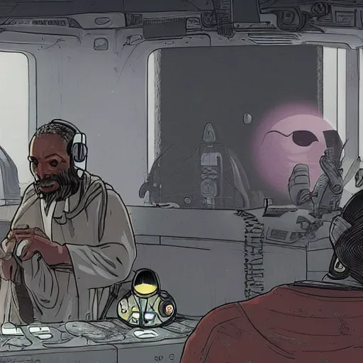 Image similar to Hosea the Beggar priest with cyberpunk headset in busy spaceport on luna 5 colony. Gritty Concept art by James Gurney and Mœbius.