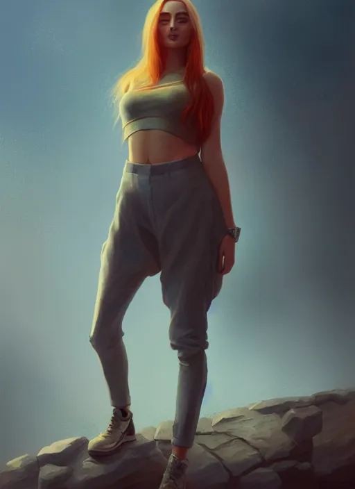 Prompt: sophie turner detailed clothing, half body shot, arms down, path traced, highly detailed, high quality, digital painting, alena aenami, arnold bocklin, tom bagshaw