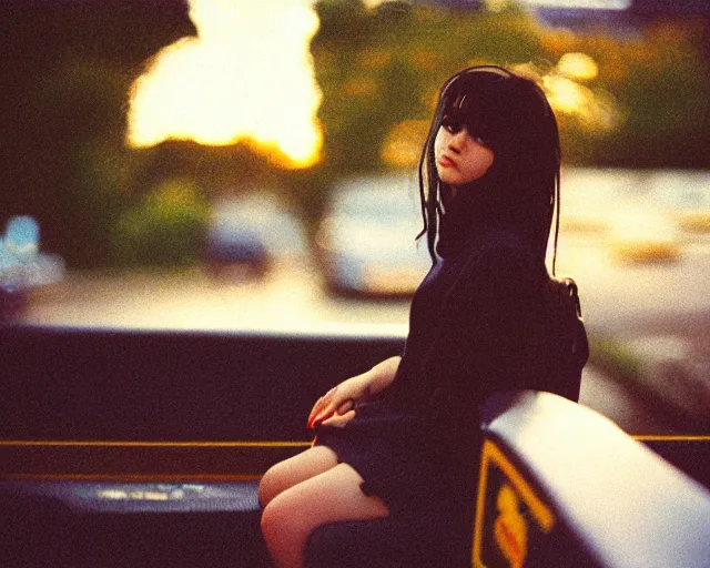 Image similar to lomo photo of shy goth girl sitting in empty bus, sunset, cinestill, bokeh