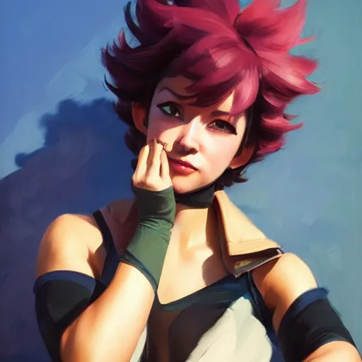 Prompt: greg manchess portrait painting of mina ashido as overwatch character, medium shot, asymmetrical, profile picture, organic painting, sunny day, matte painting, bold shapes, hard edges, street art, trending on artstation, by huang guangjian and gil elvgren and sachin teng
